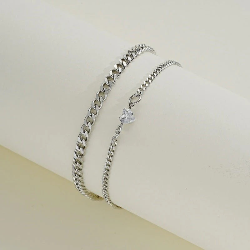 2PCS Stainless Steel Couple Bracelet Set with Crystal Heart,  for Men Women Permanent Bracelet Touch Bracelets for Couples